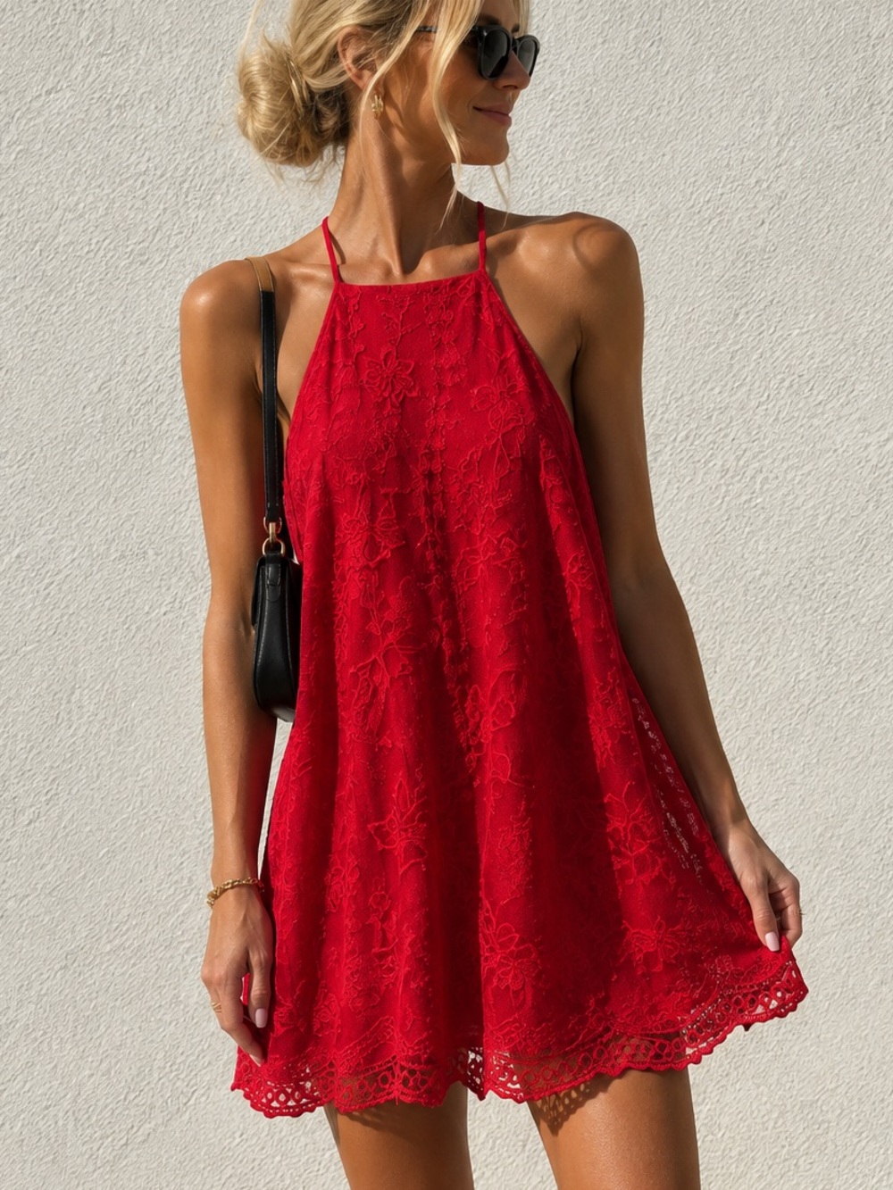 Altar'd State Red Floral Mini High Neck Shift Dress Flowy Lace Sexy Red Short